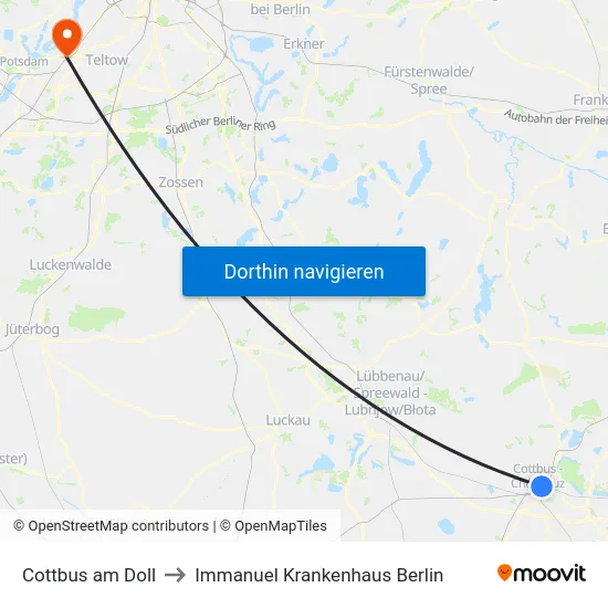 Cottbus am Doll to Immanuel Krankenhaus Berlin map