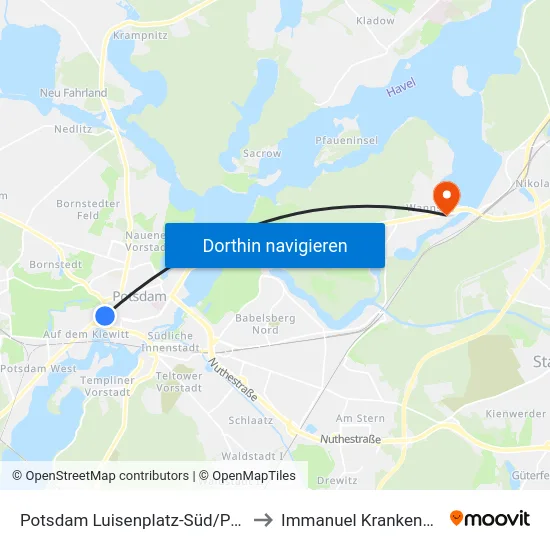 Potsdam Luisenplatz-Süd/Park Sanssouci to Immanuel Krankenhaus Berlin map