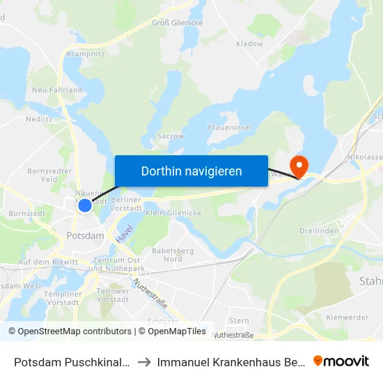 Potsdam Puschkinallee to Immanuel Krankenhaus Berlin map