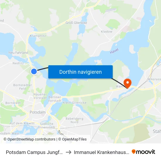 Potsdam Campus Jungfernsee to Immanuel Krankenhaus Berlin map