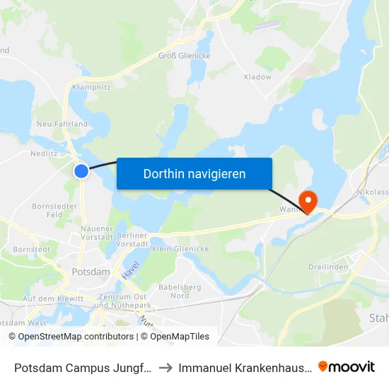 Potsdam Campus Jungfernsee to Immanuel Krankenhaus Berlin map