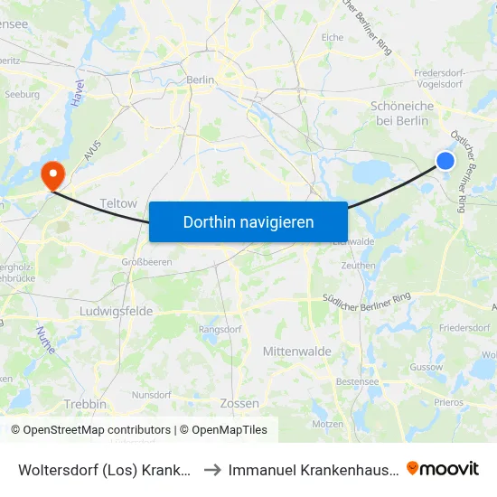 Woltersdorf (Los) Krankenhaus to Immanuel Krankenhaus Berlin map