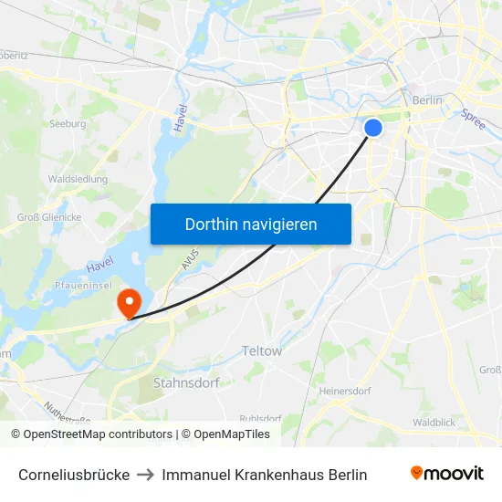 Corneliusbrücke to Immanuel Krankenhaus Berlin map