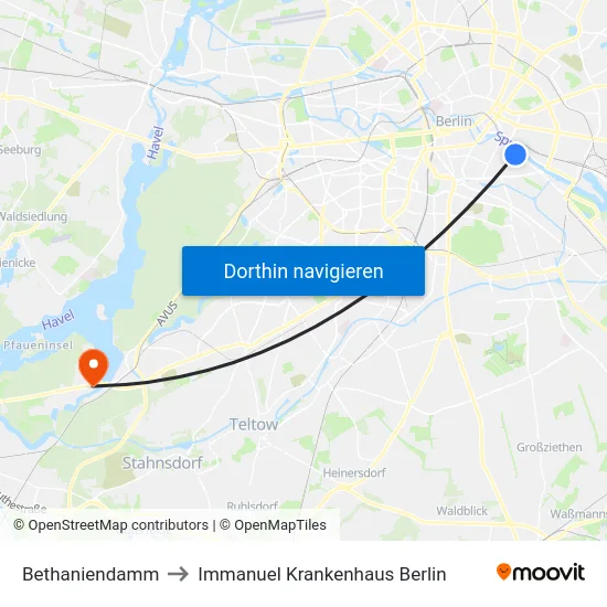 Bethaniendamm to Immanuel Krankenhaus Berlin map