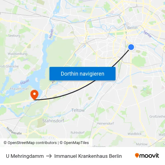 U Mehringdamm to Immanuel Krankenhaus Berlin map