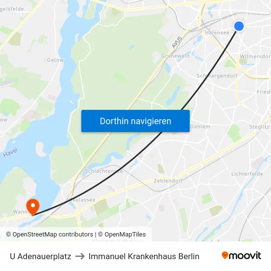 U Adenauerplatz to Immanuel Krankenhaus Berlin map