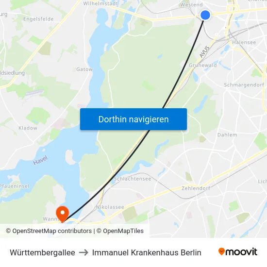 Württembergallee to Immanuel Krankenhaus Berlin map