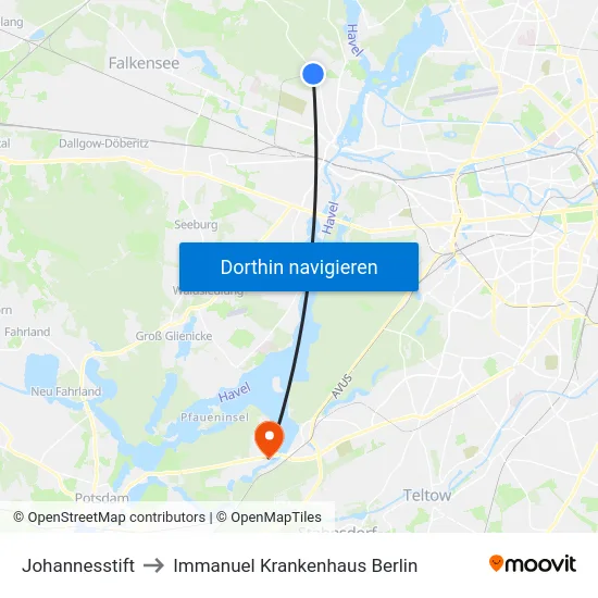 Johannesstift to Immanuel Krankenhaus Berlin map