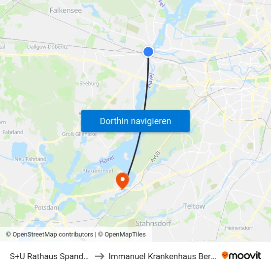 S+U Rathaus Spandau to Immanuel Krankenhaus Berlin map