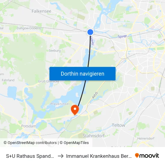 S+U Rathaus Spandau to Immanuel Krankenhaus Berlin map