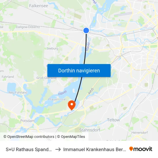 S+U Rathaus Spandau to Immanuel Krankenhaus Berlin map