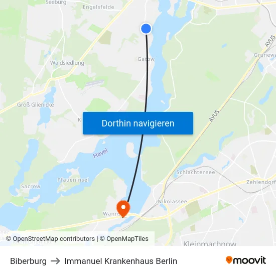 Biberburg to Immanuel Krankenhaus Berlin map