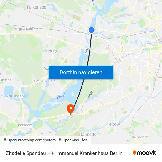 Zitadelle Spandau to Immanuel Krankenhaus Berlin map