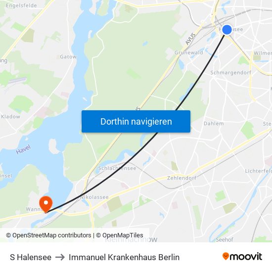 S Halensee to Immanuel Krankenhaus Berlin map