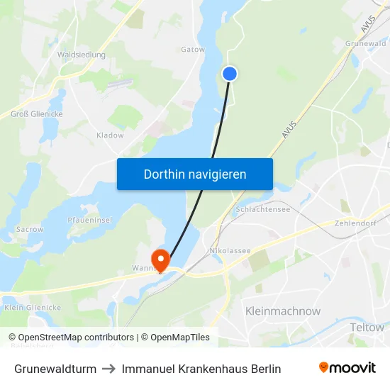 Grunewaldturm to Immanuel Krankenhaus Berlin map