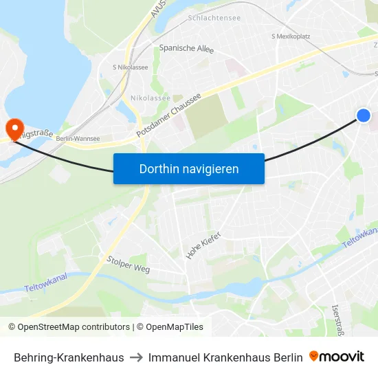 Behring-Krankenhaus to Immanuel Krankenhaus Berlin map