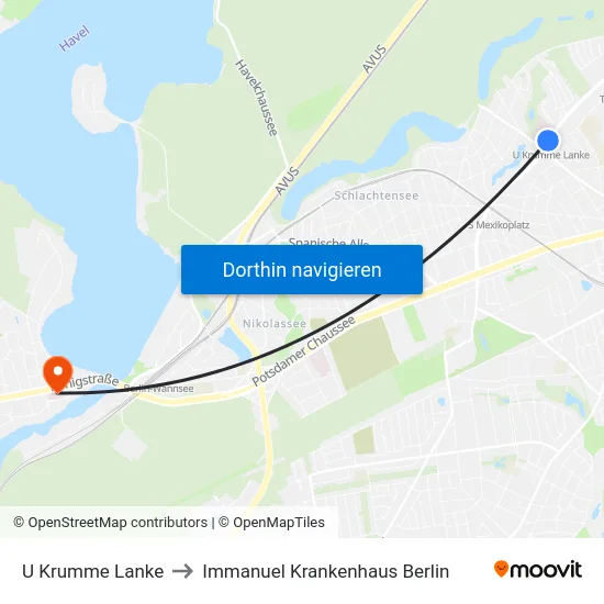 U Krumme Lanke to Immanuel Krankenhaus Berlin map