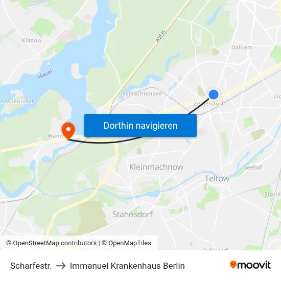 Scharfestr. to Immanuel Krankenhaus Berlin map