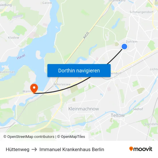 Hüttenweg to Immanuel Krankenhaus Berlin map