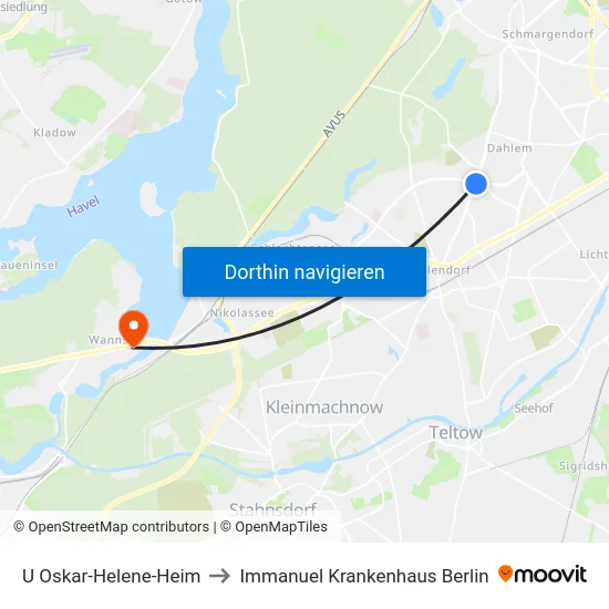 U Oskar-Helene-Heim to Immanuel Krankenhaus Berlin map