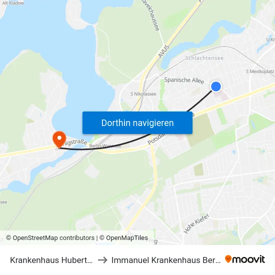 Krankenhaus Hubertus to Immanuel Krankenhaus Berlin map