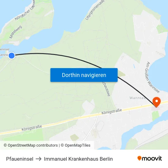 Pfaueninsel to Immanuel Krankenhaus Berlin map