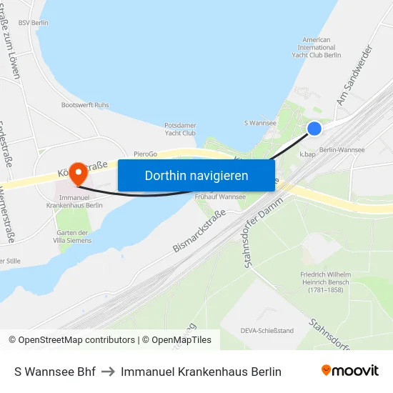 S Wannsee Bhf to Immanuel Krankenhaus Berlin map