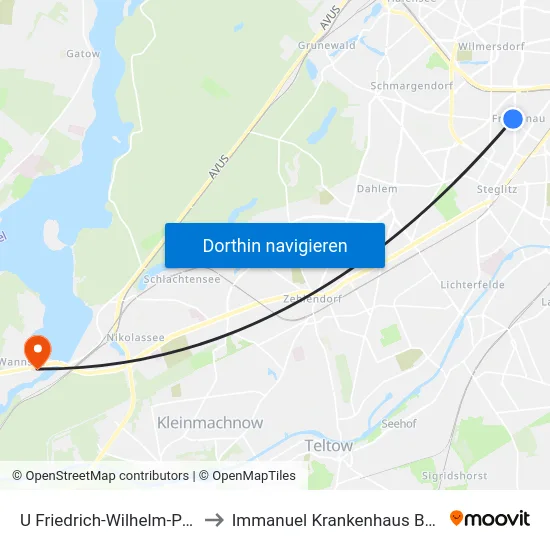 U Friedrich-Wilhelm-Platz to Immanuel Krankenhaus Berlin map