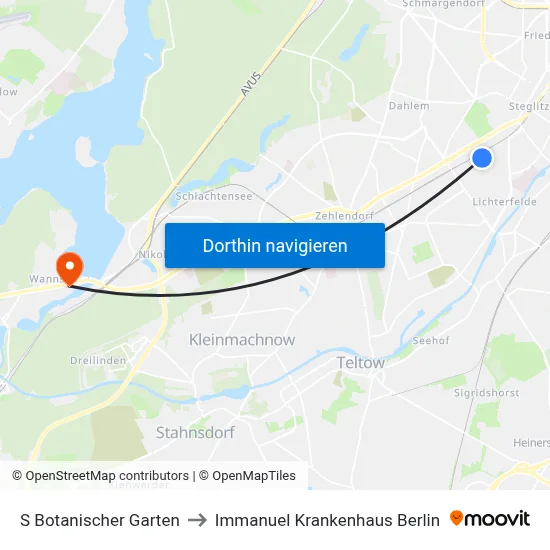 S Botanischer Garten to Immanuel Krankenhaus Berlin map