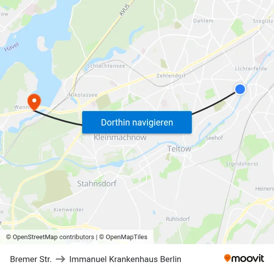 Bremer Str. to Immanuel Krankenhaus Berlin map