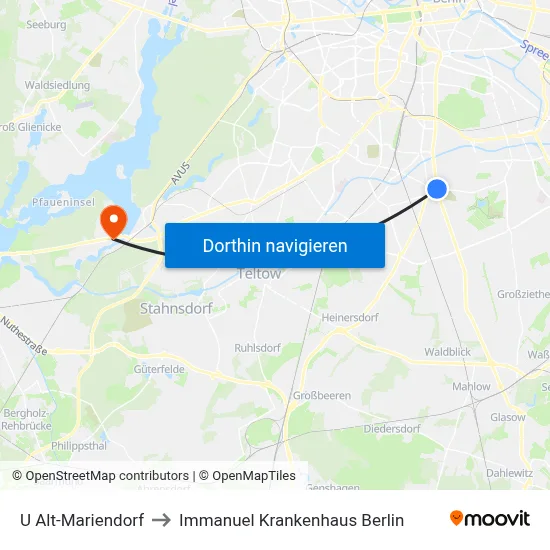 U Alt-Mariendorf to Immanuel Krankenhaus Berlin map