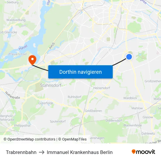 Trabrennbahn to Immanuel Krankenhaus Berlin map