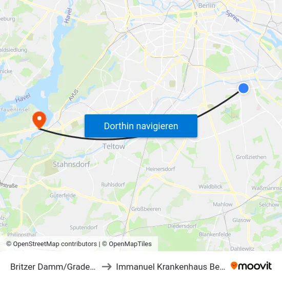 Britzer Damm/Gradestr. to Immanuel Krankenhaus Berlin map