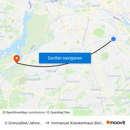U Grenzallee/Jahnstr. to Immanuel Krankenhaus Berlin map