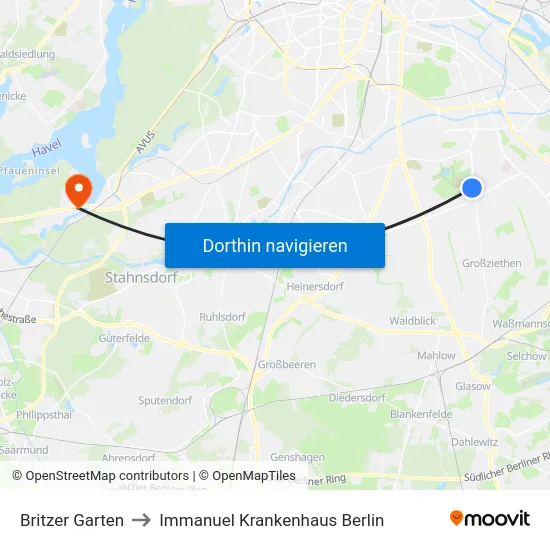 Britzer Garten to Immanuel Krankenhaus Berlin map