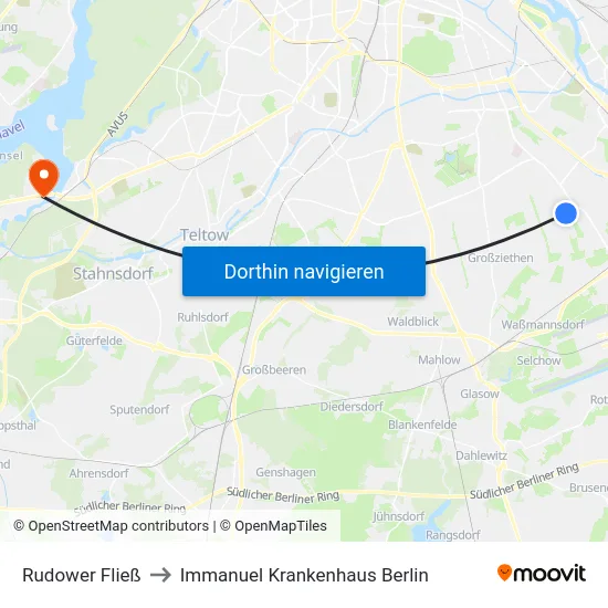 Rudower Fließ to Immanuel Krankenhaus Berlin map