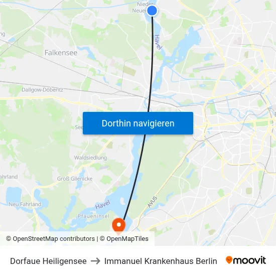 Dorfaue Heiligensee to Immanuel Krankenhaus Berlin map