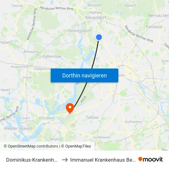 Dominikus-Krankenhaus to Immanuel Krankenhaus Berlin map