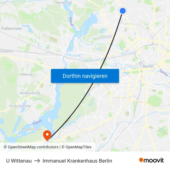 U Wittenau to Immanuel Krankenhaus Berlin map