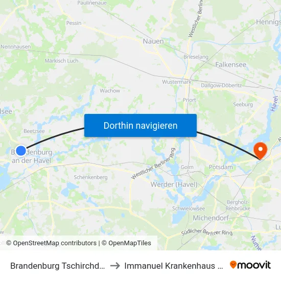Brandenburg Tschirchdamm to Immanuel Krankenhaus Berlin map