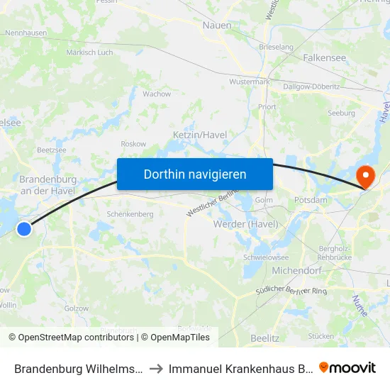 Brandenburg Wilhelmsdorf to Immanuel Krankenhaus Berlin map