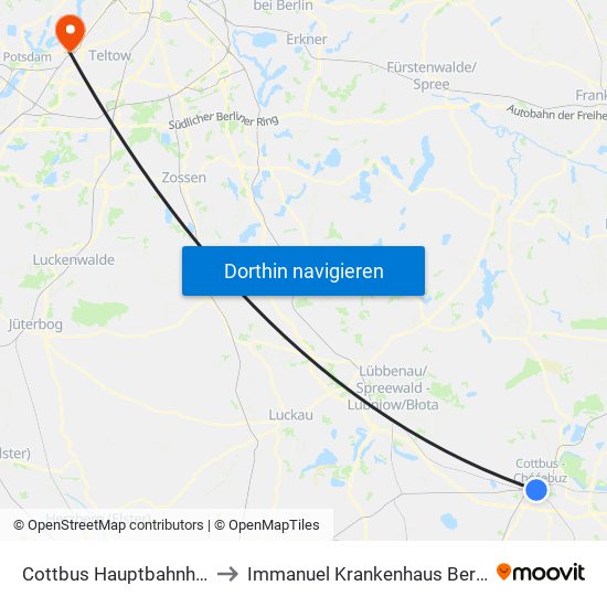 Cottbus Hauptbahnhof to Immanuel Krankenhaus Berlin map