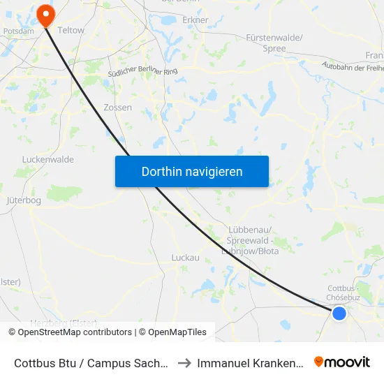 Cottbus Btu / Campus Sachsendorf (Nord) to Immanuel Krankenhaus Berlin map