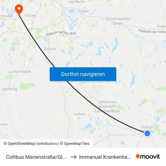 Cottbus Marienstraße/Glad House to Immanuel Krankenhaus Berlin map