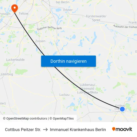 Cottbus Peitzer Str. to Immanuel Krankenhaus Berlin map