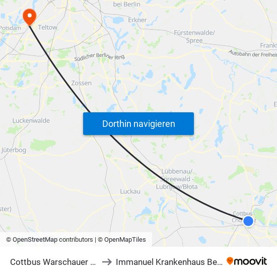 Cottbus Warschauer Str. to Immanuel Krankenhaus Berlin map