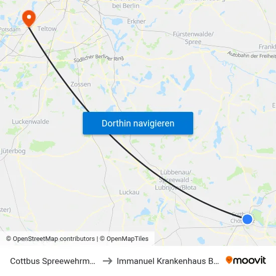 Cottbus Spreewehrmühle to Immanuel Krankenhaus Berlin map