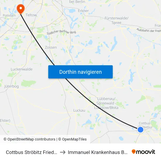 Cottbus Ströbitz Friedhof to Immanuel Krankenhaus Berlin map