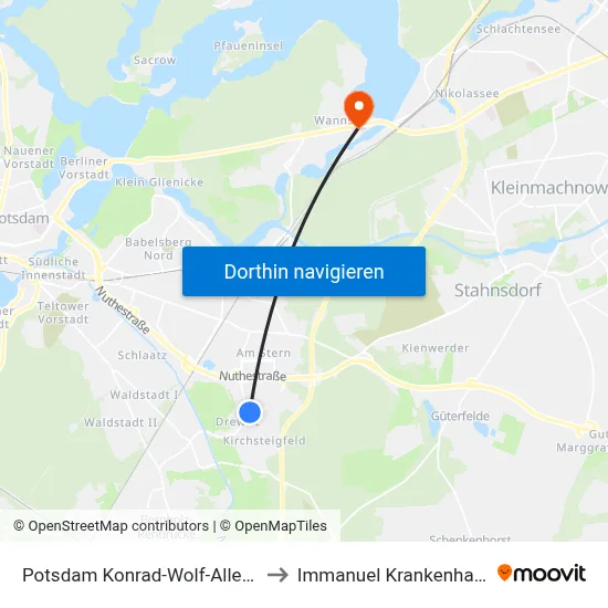 Potsdam Konrad-Wolf-Allee/Sternstr. to Immanuel Krankenhaus Berlin map