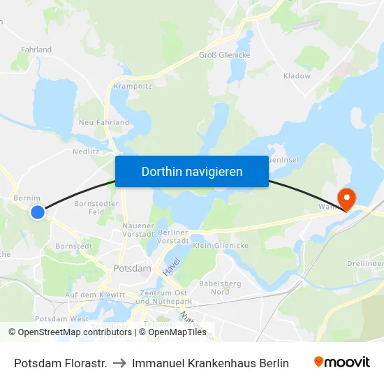 Potsdam Florastr. to Immanuel Krankenhaus Berlin map